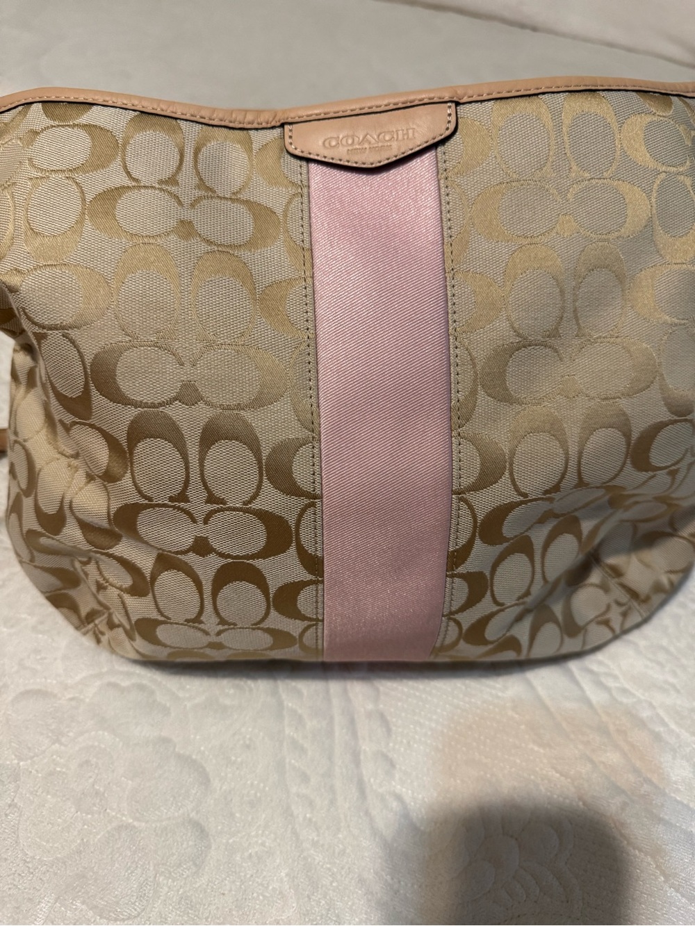 Vintage Coach Signature Canvas Purse in Beige with Pink Stripe